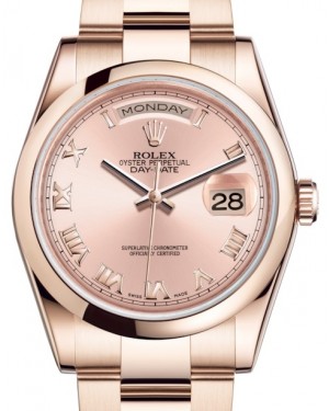 Rolex Day-Date 36 Rose Gold Pink Roman Dial & Smooth Domed Bezel Oyster Bracelet 118205 - BRAND NEW
