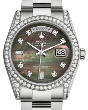 Rolex Day-Date 36 White Gold Black Mother of Pearl Diamond Dial & Diamond Set Case & Bezel Oyster Bracelet 118389 - BRAND NEW