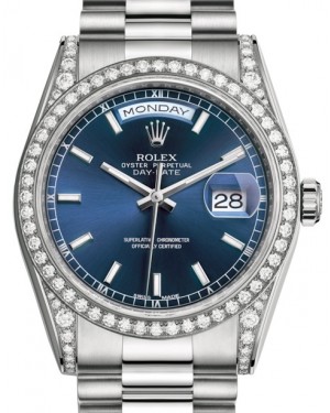 Rolex Day-Date 36 White Gold Blue Index Dial & Diamond Set Case & Bezel President Bracelet 118389 - BRAND NEW
