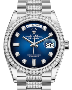 Rolex Day-Date 36 President White Gold Blue Ombre Dial Diamond Bezel & Bracelet 128349RBR