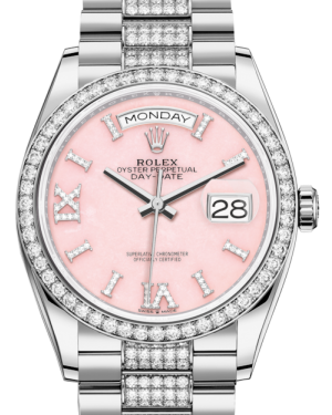 Rolex Day-Date 36 President White Gold Pink Opal Dial Diamond Bezel & Bracelet 128349RBR