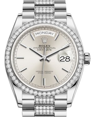 Rolex Day-Date 36 President White Gold Silver Index Dial Diamond Bezel & Bracelet 128349RBR