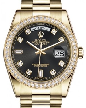 Rolex Day-Date 36 Yellow Gold Black Diamond Dial & Diamond Bezel President Bracelet 118348 - BRAND NEW