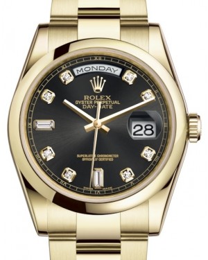 Rolex Day-Date 36 Yellow Gold Black Diamond Dial & Smooth Domed Bezel Oyster Bracelet 118208 - BRAND NEW