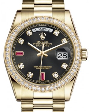 Rolex Day-Date 36 Yellow Gold Black Diamond & Rubies Dial & Diamond Bezel President Bracelet 118348 - BRAND NEW