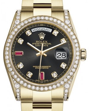 Rolex Day-Date 36 Yellow Gold Black Diamond & Rubies Dial & Diamond Set Case & Bezel Oyster Bracelet 118388 - BRAND NEW