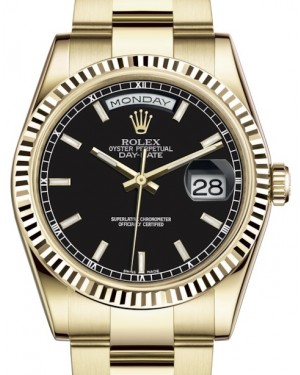 Rolex Day-Date 36 Yellow Gold Black Index Dial & Fluted Bezel Oyster Bracelet 118238 - BRAND NEW