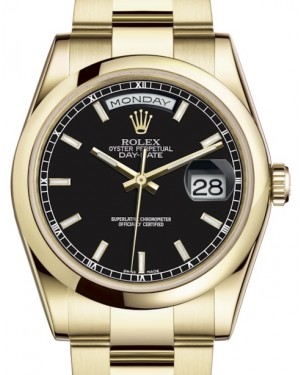 Rolex Day-Date 36 Yellow Gold Black Index Dial & Smooth Domed Bezel Oyster Bracelet 118208 - BRAND NEW