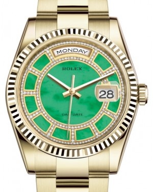 Rolex Day-Date 36 Yellow Gold Carousel of Green Jade Diamond Dial & Fluted Bezel Oyster Bracelet 118238 - BRAND NEW
