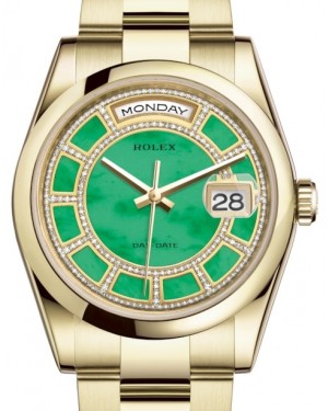 Rolex Day-Date 36 Yellow Gold Carousel of Green Jade Diamond Dial & Smooth Domed Bezel Oyster Bracelet 118208 - BRAND NEW
