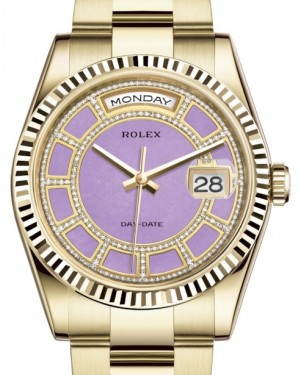 Rolex Day-Date 36 Yellow Gold Carousel of Lavender Jade Diamond Dial & Fluted Bezel Oyster Bracelet 118238 - BRAND NEW