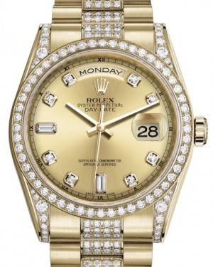Rolex Day-Date 36 Yellow Gold Champagne Diamond Dial & Diamond Set Case & Bezel Diamond Set President Bracelet 118388 - BRAND NEW