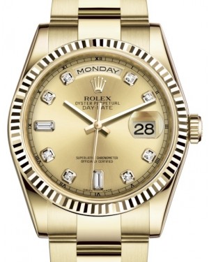 Rolex Day-Date 36 Yellow Gold Champagne Diamond Dial & Fluted Bezel Oyster Bracelet 118238 - BRAND NEW