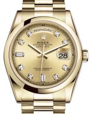 Rolex Day-Date 36 Yellow Gold Champagne Diamond Dial & Smooth Domed Bezel President Bracelet 118208 - BRAND NEW