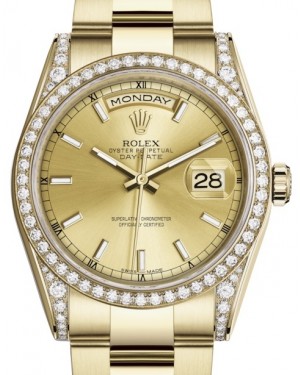 Rolex Day-Date 36 Yellow Gold Champagne Index Dial & Diamond Set Case & Bezel Oyster Bracelet 118388 - BRAND NEW