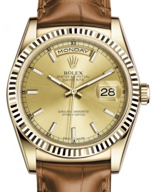 Rolex Day-Date 36 Yellow Gold Champagne Index Dial & Fluted Bezel Cognac Leather Strap 118138 - BRAND NEW