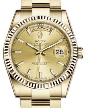 Rolex Day-Date 36 Yellow Gold Champagne Index Dial & Fluted Bezel Oyster Bracelet 118238 - BRAND NEW