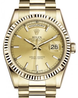 Rolex Day-Date 36 Yellow Gold Champagne Index Dial & Fluted Bezel President Bracelet 118238 - BRAND NEW
