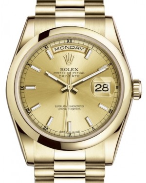 Rolex Day-Date 36 Yellow Gold Champagne Index Dial & Smooth Domed Bezel President Bracelet 118208 - BRAND NEW