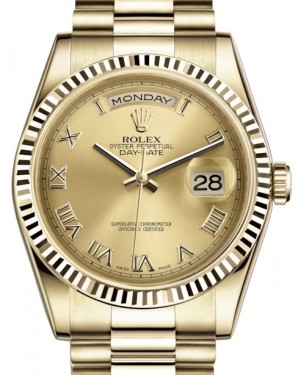 Rolex Day-Date 36 Yellow Gold Champagne Roman Dial & Fluted Bezel President Bracelet 118238 - BRAND NEW