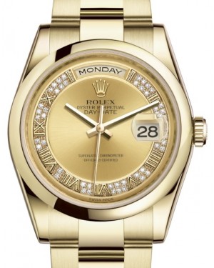 Rolex Day-Date 36 Yellow Gold Champagne Set with Diamonds Roman Dial & Smooth Domed Bezel Oyster Bracelet 118208 - BRAND NEW