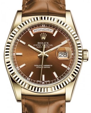 Rolex Day-Date 36 Yellow Gold Cognac Index Dial & Fluted Bezel Cognac Leather Strap 118138 - BRAND NEW