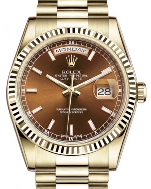 Rolex Day-Date 36 Yellow Gold Cognac Brown Index Dial & Fluted Bezel President Bracelet 118238 - BRAND NEW