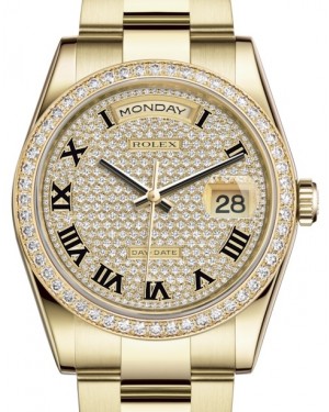 Rolex Day-Date 36 Yellow Gold Diamond Paved Roman Dial & Diamond Bezel Oyster Bracelet 118348 - BRAND NEW