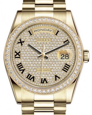 Rolex Day-Date 36 Yellow Gold Diamond Paved Roman Dial & Diamond Bezel President Bracelet 118348 - BRAND NEW