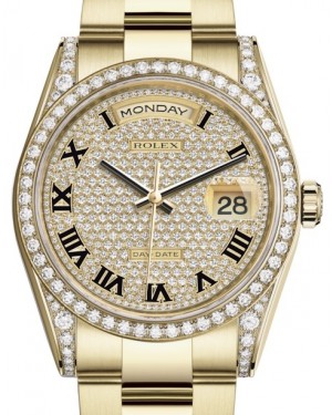 Rolex Day-Date 36 Yellow Gold Diamond Paved Roman Dial & Diamond Set Case & Bezel Oyster Bracelet 118388 - BRAND NEW
