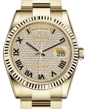 Rolex Day-Date 36 Yellow Gold Diamond Paved Roman Dial & Fluted Bezel Oyster Bracelet 118238 - BRAND NEW