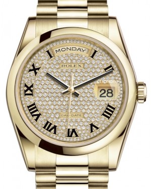 Rolex Day-Date 36 Yellow Gold Diamond Paved Roman Dial & Smooth Domed Bezel President Bracelet 118208 - BRAND NEW