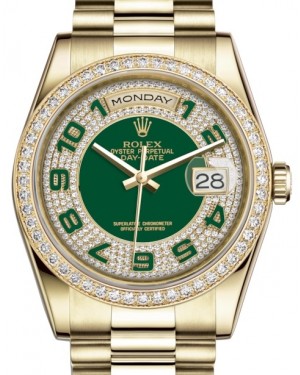Rolex Day-Date 36 Yellow Gold Green Diamond Paved Arabic Dial & Diamond Bezel President Bracelet 118348 - BRAND NEW