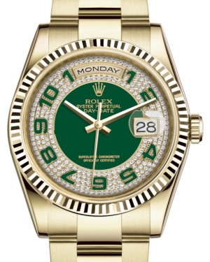 Rolex Day-Date 36 Yellow Gold Green Diamond Paved Arabic Dial & Fluted Bezel Oyster Bracelet 118238 - BRAND NEW