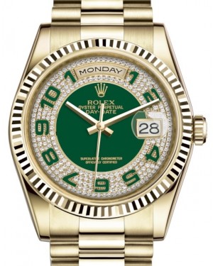 Rolex Day-Date 36 Yellow Gold Green Diamond Paved Arabic Dial & Fluted Bezel President Bracelet 118238 - BRAND NEW