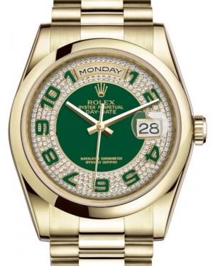 Rolex Day-Date 36 Yellow Gold Green Diamond Paved Arabic Dial & Smooth Domed Bezel President Bracelet 118208 - BRAND NEW