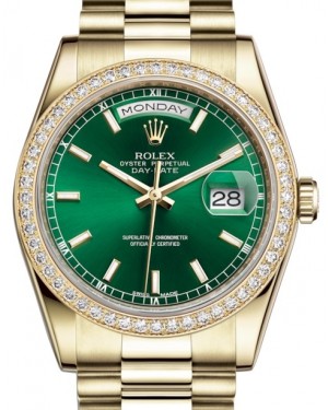 Rolex Day-Date 36 Yellow Gold Green Index Dial & Diamond Bezel President Bracelet 118348 - BRAND NEW