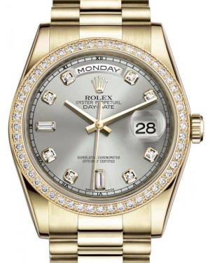 Rolex Day-Date 36 Yellow Gold Silver Diamond Dial & Diamond Bezel President Bracelet 118348 - BRAND NEW