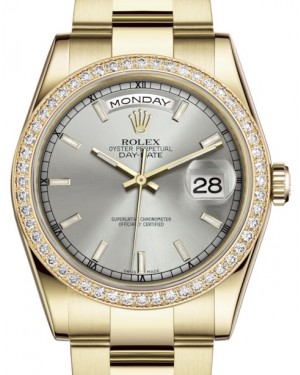 Rolex Day-Date 36 Yellow Gold Silver Index Dial & Diamond Bezel Oyster Bracelet 118348 - BRAND NEW