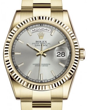 Rolex Day-Date 36 Yellow Gold Silver Index Dial & Fluted Bezel Oyster Bracelet 118238 - BRAND NEW