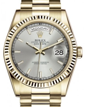Rolex Day-Date 36 Yellow Gold Silver Index Dial & Fluted Bezel President Bracelet 118238 - PRE-OWNED