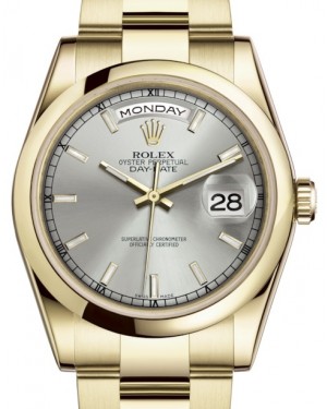 Rolex Day-Date 36 Yellow Gold Silver Index Dial & Smooth Domed Bezel Oyster Bracelet 118208 - BRAND NEW