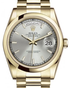 Rolex Day-Date 36 Yellow Gold Silver Index Dial & Smooth Domed Bezel President Bracelet 118208 - BRAND NEW