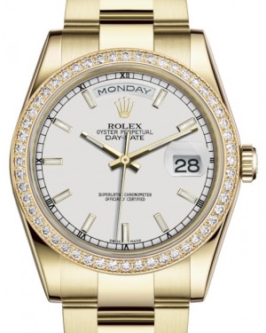Rolex Day-Date 36 Yellow Gold White Index Dial & Diamond Bezel Oyster Bracelet 118348 - BRAND NEW
