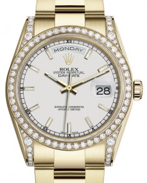 Rolex Day-Date 36 Yellow Gold White Index Dial & Diamond Set Case & Bezel Oyster Bracelet 118388 - BRAND NEW
