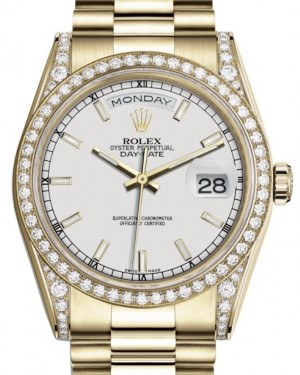 Rolex Day-Date 36 Yellow Gold White Index Dial & Diamond Set Case & Bezel President Bracelet 118388 - BRAND NEW