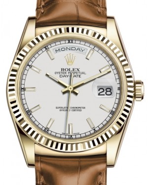 Rolex Day-Date 36 Yellow Gold White Index Dial & Fluted Bezel Cognac Leather Strap 118138 - BRAND NEW