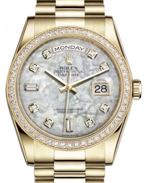Rolex Day-Date 36 Yellow Gold White Mother of Pearl Diamond Dial & Diamond Bezel President Bracelet 118348 - BRAND NEW
