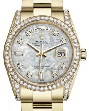 Rolex Day-Date 36 Yellow Gold White Mother of Pearl Diamond Dial & Diamond Set Case & Bezel Oyster Bracelet 118388 - BRAND NEW