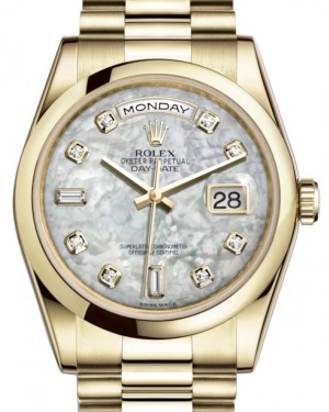 Rolex Day-Date 36 Yellow Gold White Mother of Pearl Diamond Dial & Smooth Domed Bezel President Bracelet 118208 - BRAND NEW